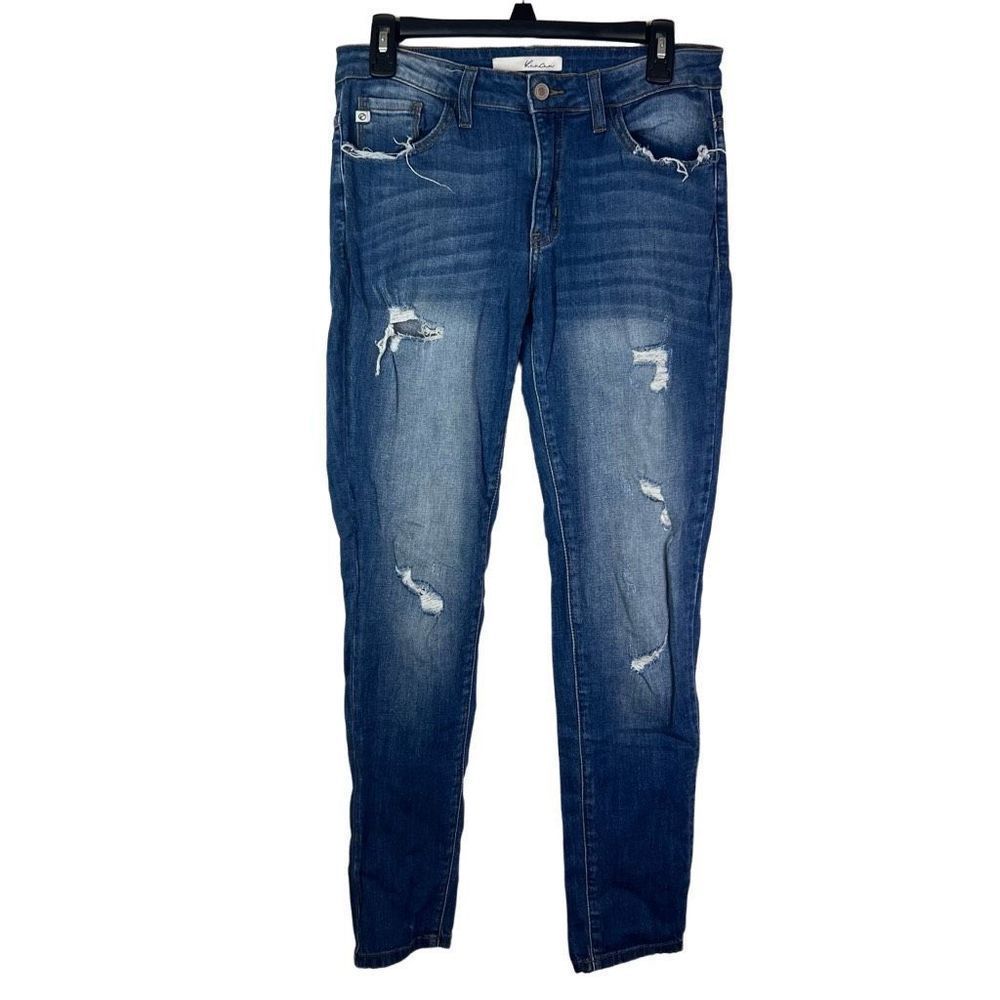 Kancan Womens Size 28 Straight Mid Rise Distressed Raw Hem Medium Wash Jeans
